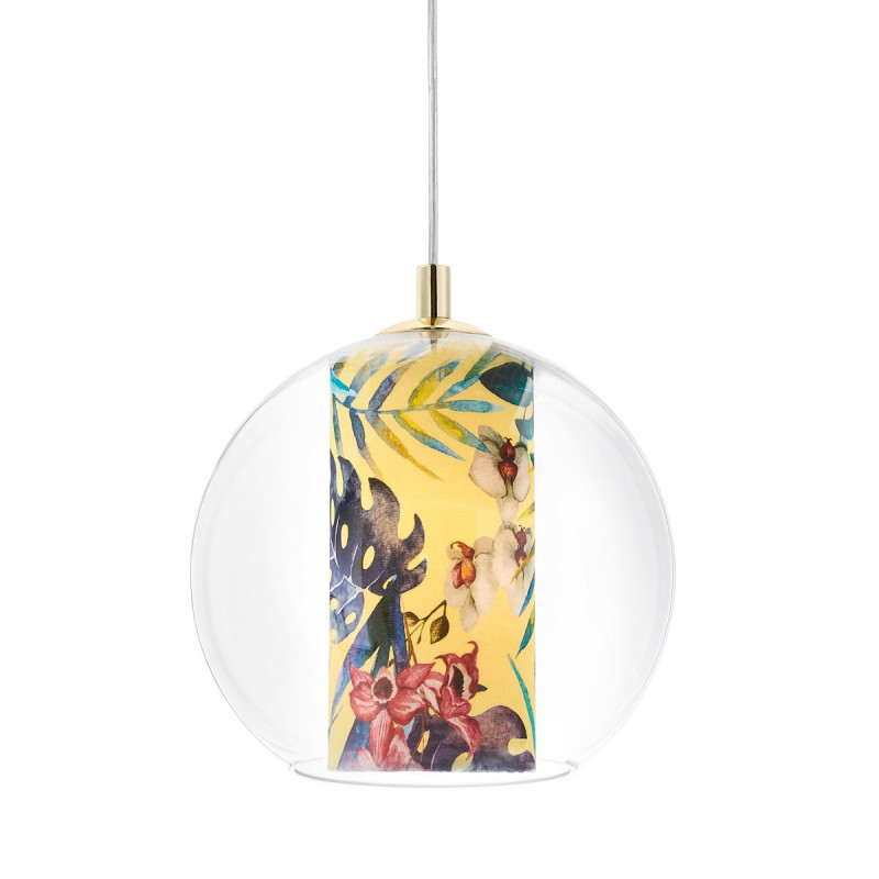 Ceiling hanging lamp Feria S yellow fabric shade by Alessandro Bini in a transparent glass lampshade KASPA