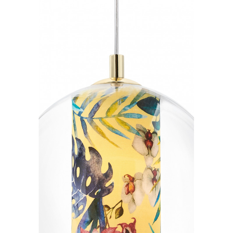 Ceiling hanging lamp Feria S yellow fabric shade by Alessandro Bini in a transparent glass lampshade KASPA