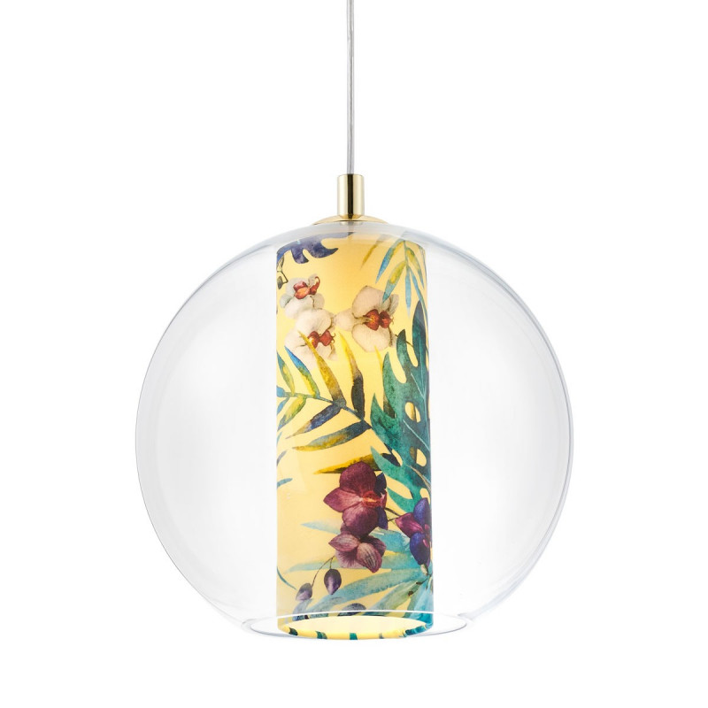 Ceiling hanging lamp Feria M yellow fabric shade by Alessandro Bini in a transparent glass lampshade KASPA