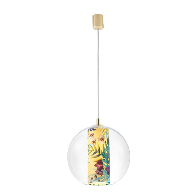 Ceiling hanging lamp Feria M yellow fabric shade by Alessandro Bini in a transparent glass lampshade KASPA