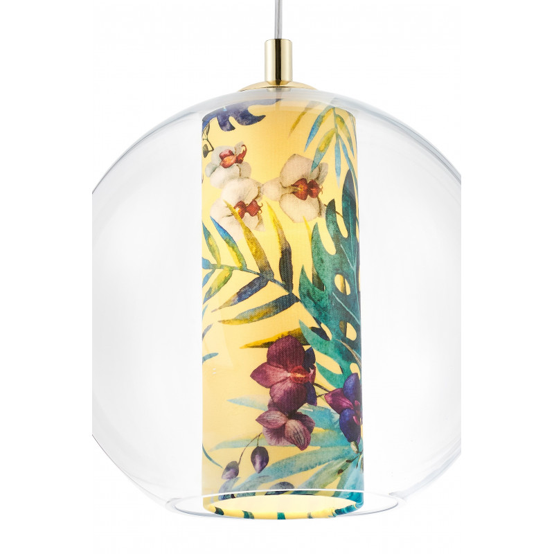 Sufitowa lampa wisząca Feria M żółty abażur z tkaniny projektu Alessandro Bini w transparentnym szklanym kloszu KASPA