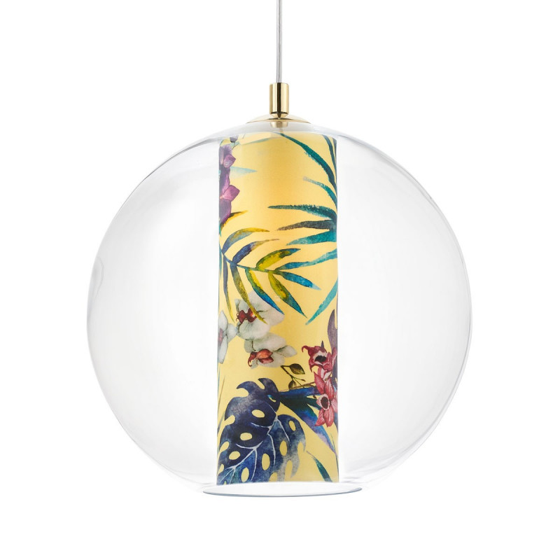 Ceiling hanging lamp Feria L yellow fabric shade by Alessandro Bini in a transparent glass lampshade KASPA