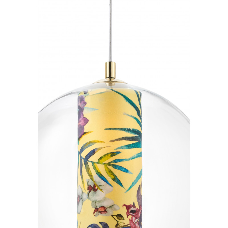 Sufitowa lampa wisząca Feria L żółty abażur z tkaniny projektu Alessandro Bini w transparentnym szklanym kloszu KASPA
