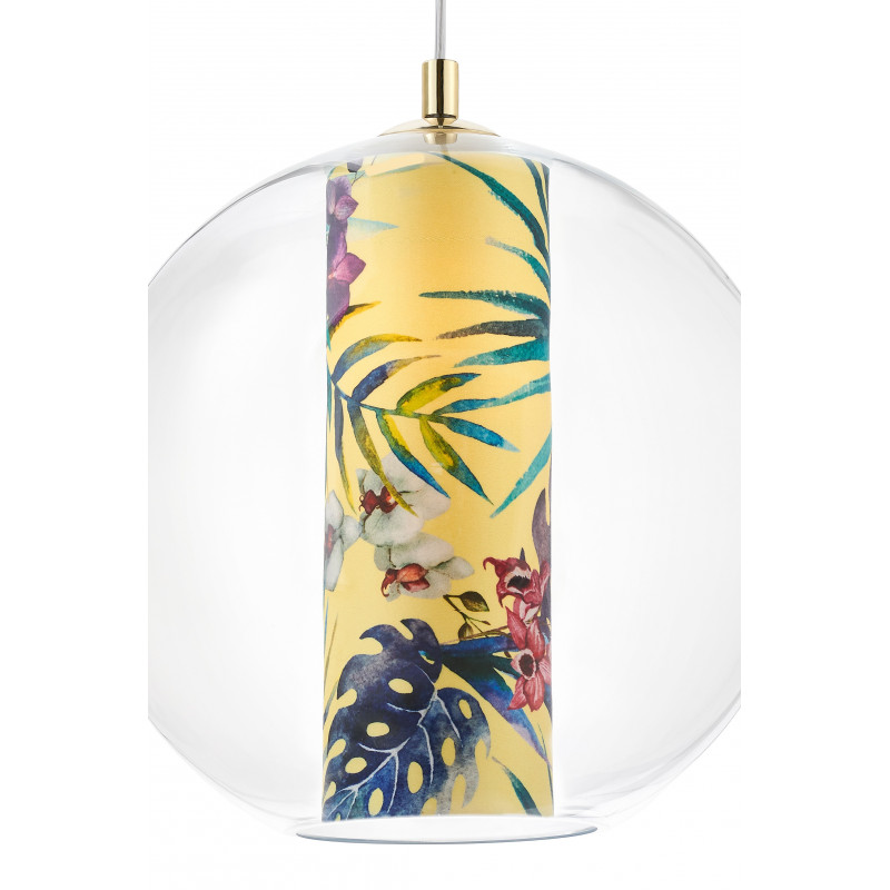 Sufitowa lampa wisząca Feria L żółty abażur z tkaniny projektu Alessandro Bini w transparentnym szklanym kloszu KASPA