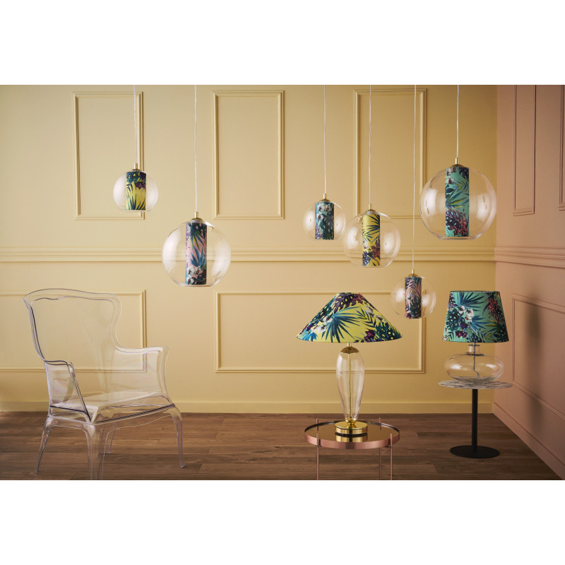 Ceiling hanging lamp Feria L yellow fabric shade by Alessandro Bini in a transparent glass lampshade KASPA