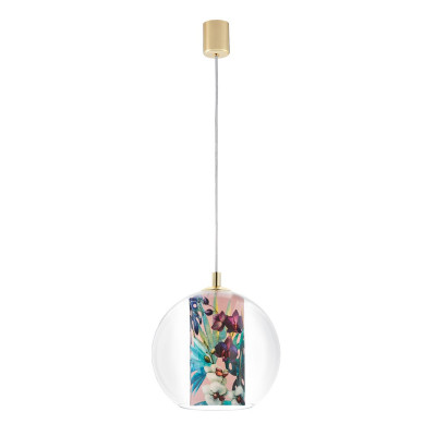 Sufitowa lampa wisząca FERIA S różowy abażur z tkaniny projektu Alessandro Bini w transparentnym szklanym kloszu KASPA