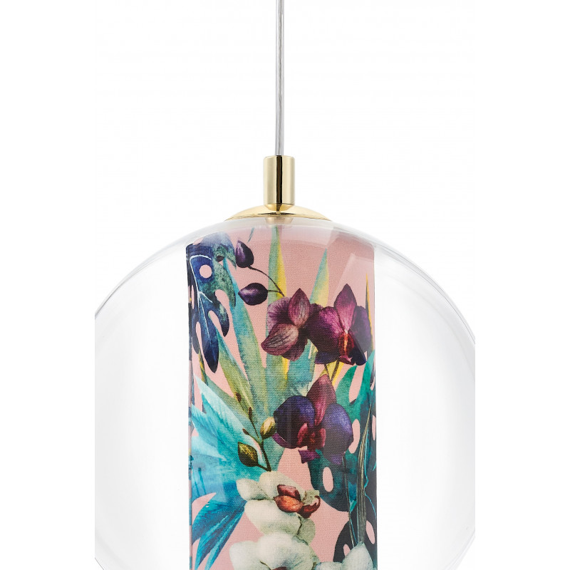 Sufitowa lampa wisząca FERIA S różowy abażur z tkaniny projektu Alessandro Bini w transparentnym szklanym kloszu KASPA