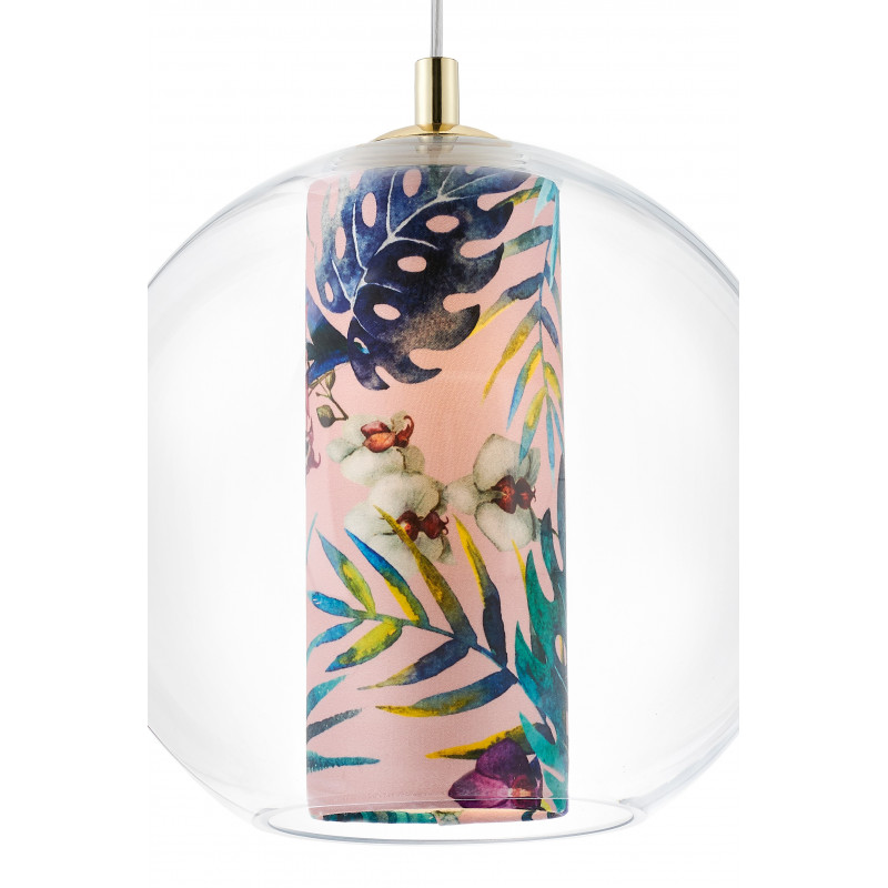 Ceiling hanging lamp Feria M pink fabric shade by Alessandro Bini in a transparent glass lampshade KASPA