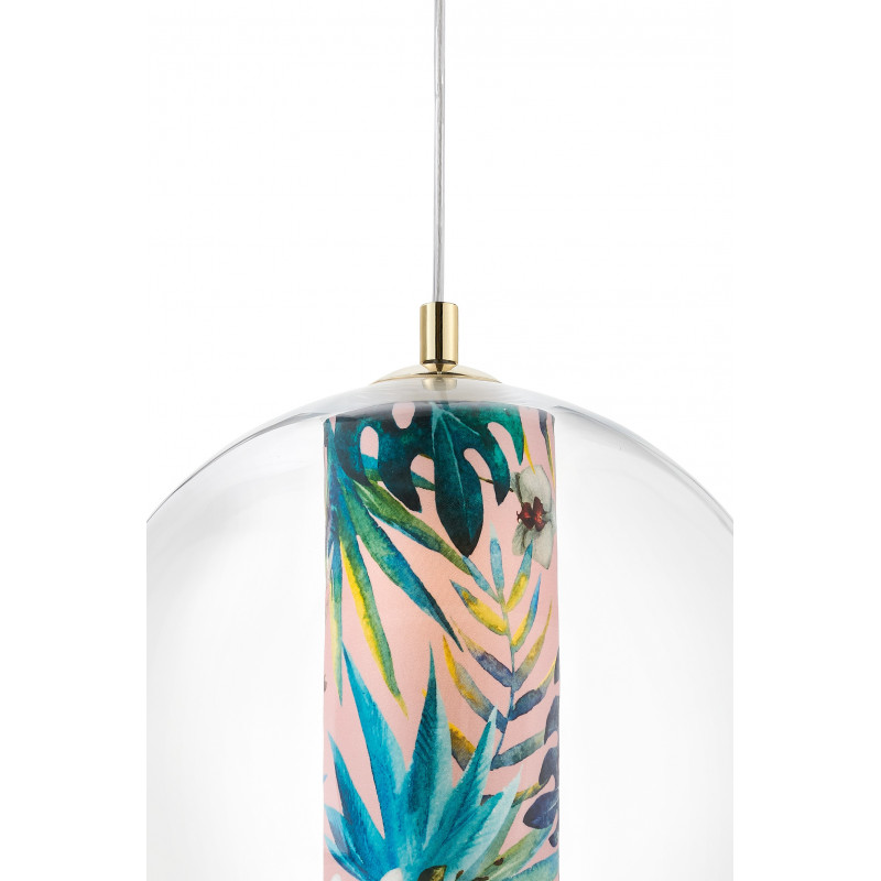 Sufitowa lampa wisząca FERIA L różowy abażur z tkaniny projektu Alessandro Bini w transparentnym szklanym kloszu KASPA