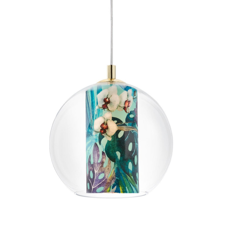 Ceiling hanging lamp Feria S green fabric shade by Alessandro Bini in a transparent glass lampshade KASPA