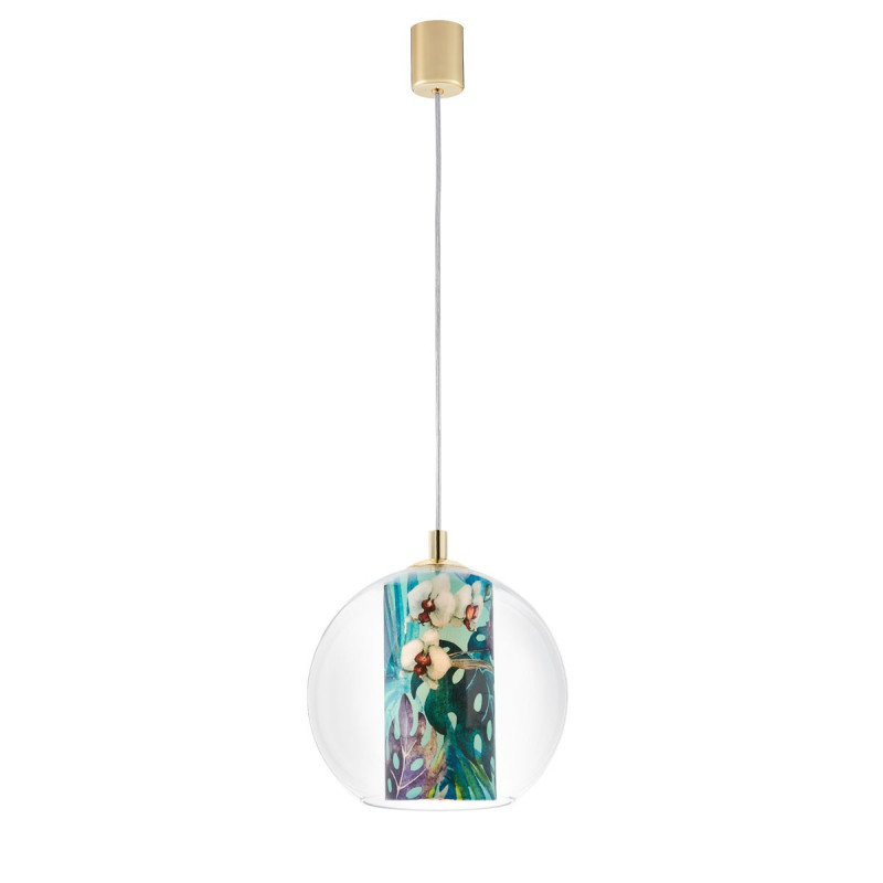 Ceiling hanging lamp Feria S green fabric shade by Alessandro Bini in a transparent glass lampshade KASPA