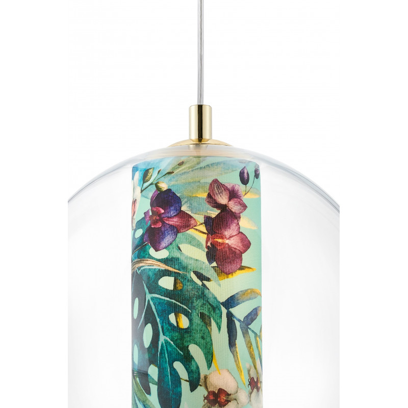 Sufitowa lampa wisząca FERIA M zielony abażur z tkaniny projektu Alessandro Bini w transparentnym szklanym kloszu KASPA