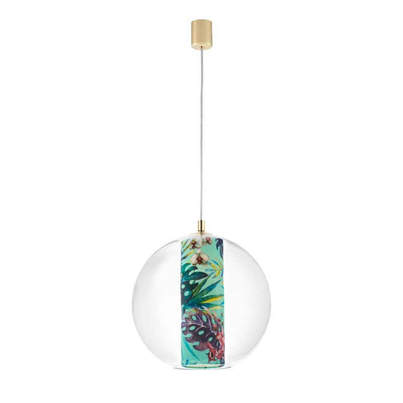 Ceiling hanging lamp Feria L green fabric shade by Alessandro Bini in a transparent glass lampshade KASPA