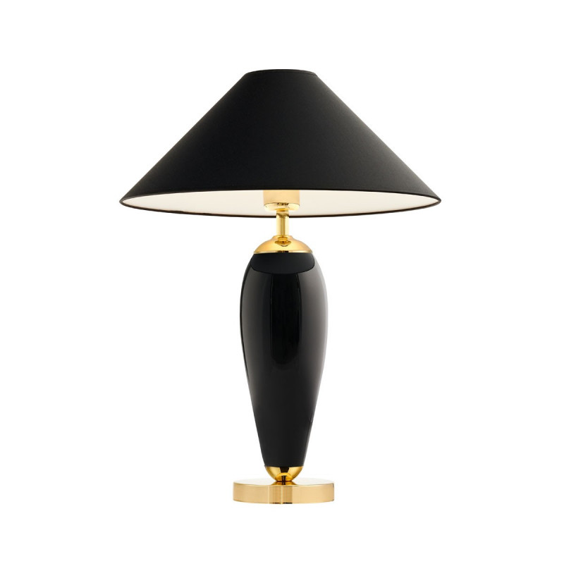 Czarna lampa stojąca REA GOLD czarny abażur, podstawa czarne szkło i złoty KASPA