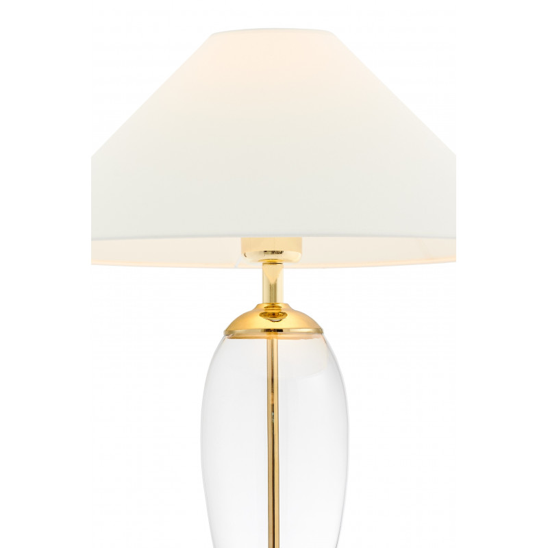 Biała lampa stojąca REA GOLD biały abażur, podstawa przezroczyste szkło i złoty KASPA