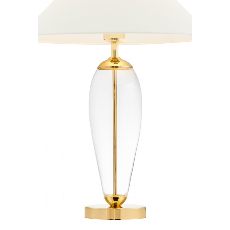 Biała lampa stojąca REA GOLD biały abażur, podstawa przezroczyste szkło i złoty KASPA