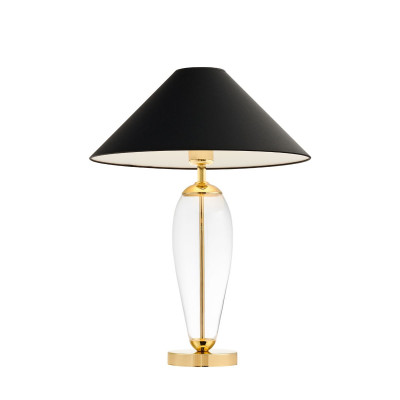 Czarna lampa stojąca REA GOLD czarny abażur, podstawa przezroczyste szkło i złoty KASPA