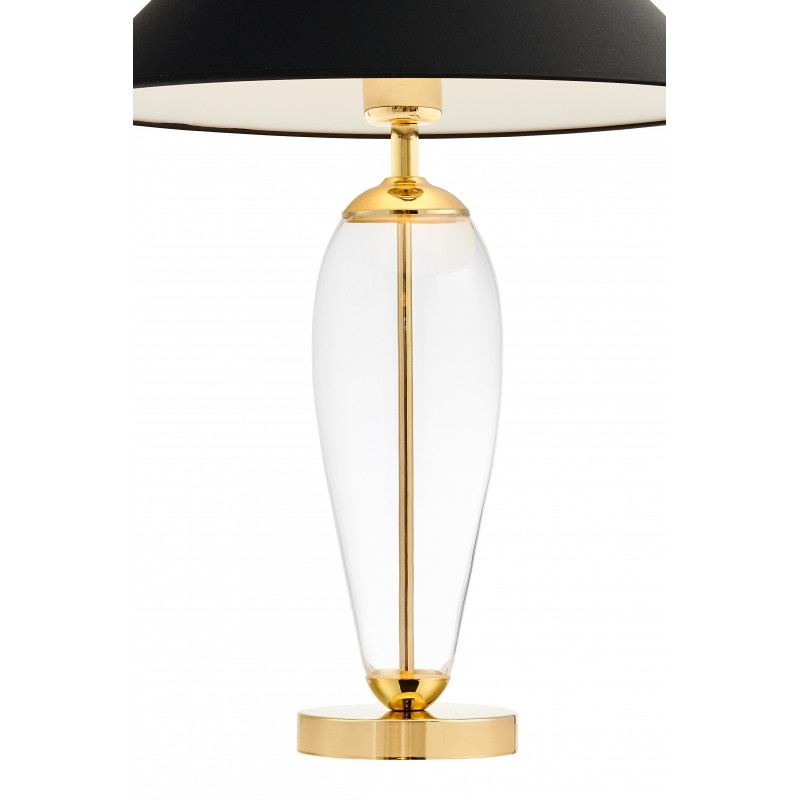 Czarna lampa stojąca REA GOLD czarny abażur, podstawa przezroczyste szkło i złoty KASPA