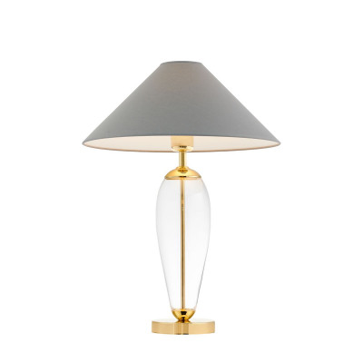 Szara lampa stojąca REA GOLD szary abażur, podstawa przezroczyste szkło i złoty KASPA