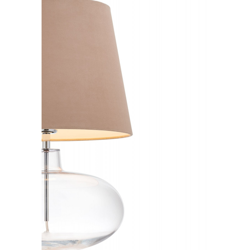 Lampa stojąca SAWA VELVET beżowy abażur na szklanej przezroczystej podstawie z dodatkami w kolorze chromu KASPA
