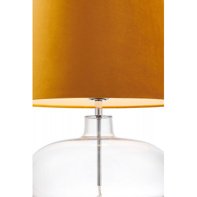 Lampa stojąca SAWA VELVET złoty aksamitny abażur na szklanej przezroczystej podstawie z dodatkami w kolorze chromu KASPA