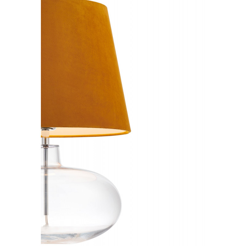 Lampa stojąca SAWA VELVET złoty aksamitny abażur na szklanej przezroczystej podstawie z dodatkami w kolorze chromu KASPA