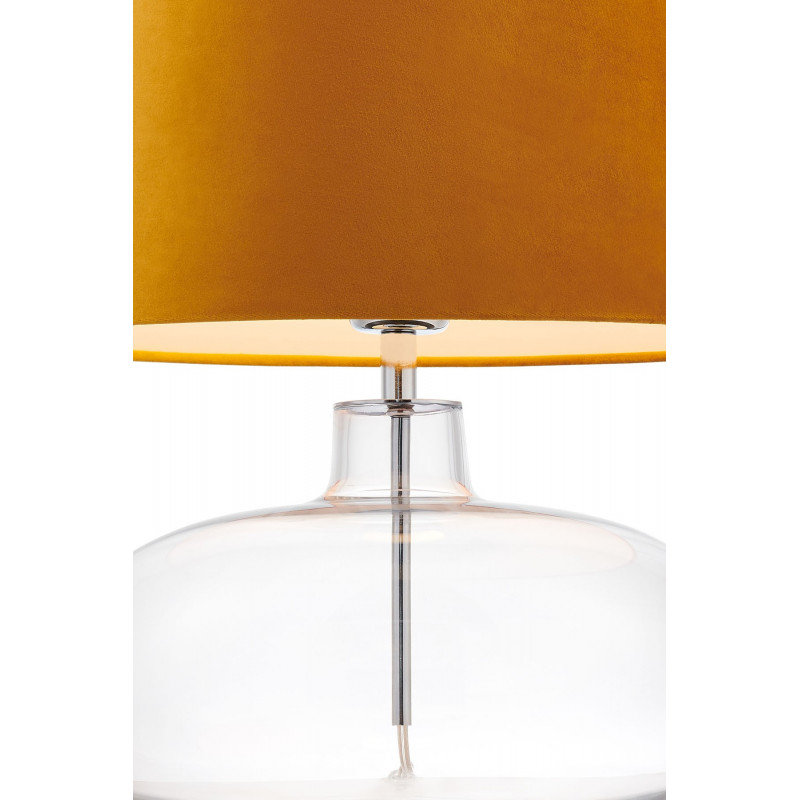 Lampa stojąca SAWA VELVET złoty aksamitny abażur na szklanej przezroczystej podstawie z dodatkami w kolorze chromu KASPA