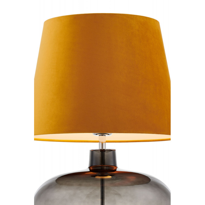 Lampa stojąca SAWA VELVET złoty aksamitny abażur na szklanej dymnej podstawie z dodatkami w kolorze chromu KASPA