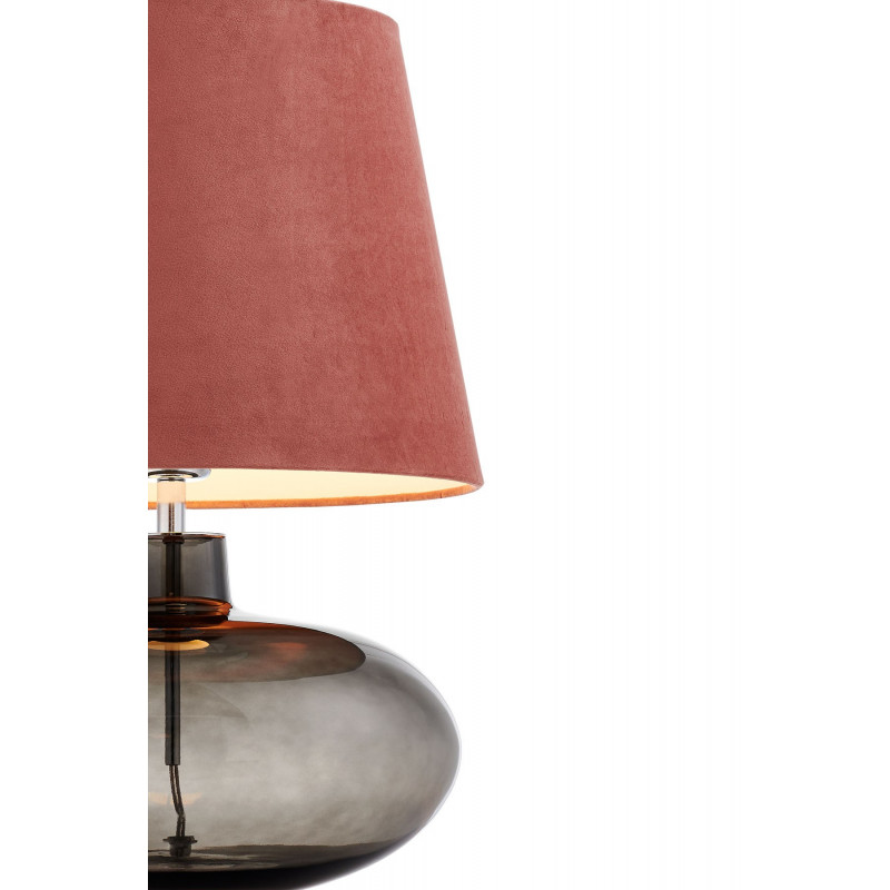 Lampa stojąca SAWA VELVET różowy aksamitny abażur na szklanej dymnej podstawie z dodatkami w kolorze chromu KASPA