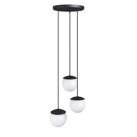 Triple ceiling black hanging lamp KUUL F3 three white glass balls 15cm UMMO