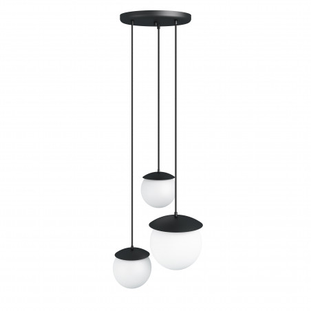 Triple black ceiling lamp KUUL M three white glass balls of two sizes UMMO