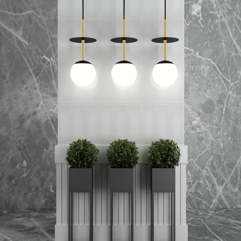 Ceiling hanging lamp PLAAT BRASS white lampshade, brass tubes and black mount UMMO