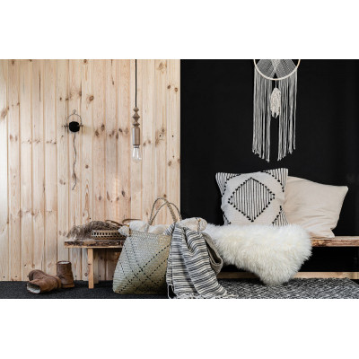 Pendant lamp with oak beads Loft Tammi black grill and black cord in cotton braid Kolorowe Kable