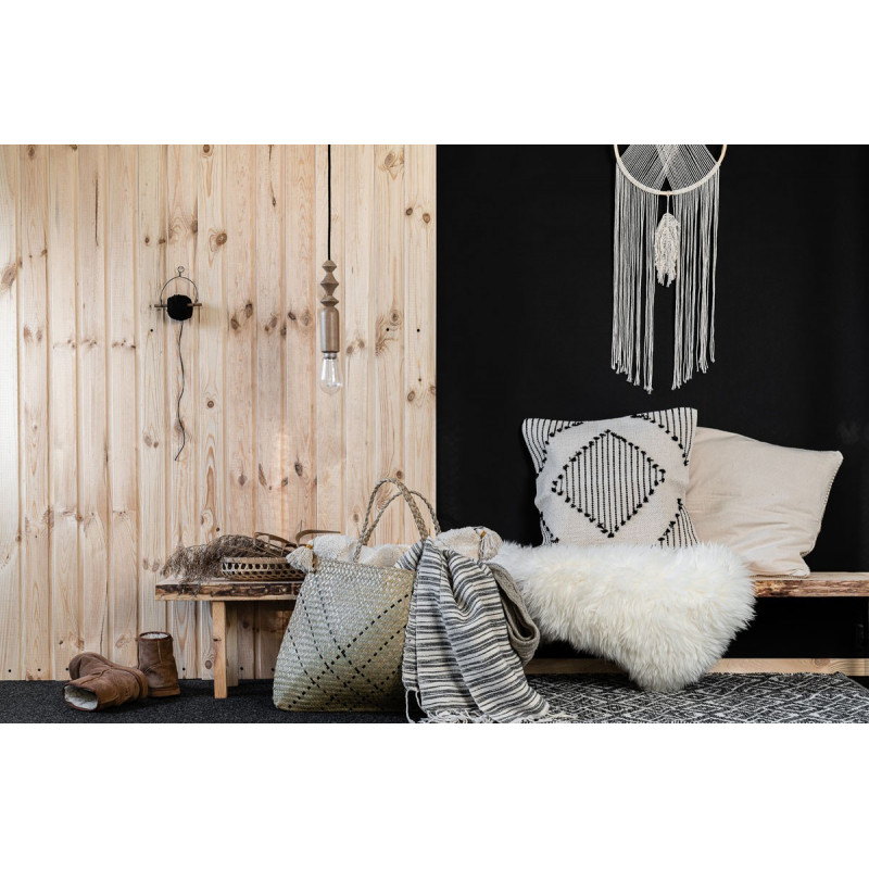 Pendant lamp with oak beads Loft Tammi black grill and black cord in cotton braid Kolorowe Kable