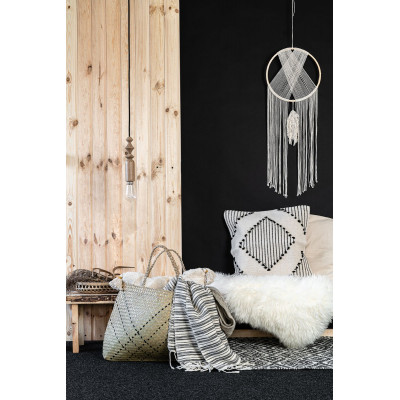 Lampa wisząca z dębowymi koralikami Loft Tammi czarna maskownica i czarny przewód w bawełnianym oplocie KOLOROWE KABLE