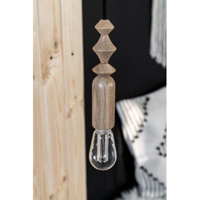 Lampa wisząca z dębowymi koralikami Loft Tammi czarna maskownica i czarny przewód w bawełnianym oplocie KOLOROWE KABLE