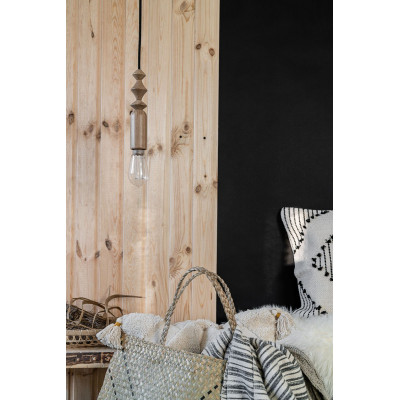 Lampa wisząca z dębowymi koralikami Loft Tammi czarna maskownica i czarny przewód w bawełnianym oplocie KOLOROWE KABLE