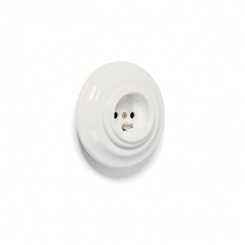 Rustic ceramic flush-mounted socket in retro style with grounding pin - white Kolorowe Kable