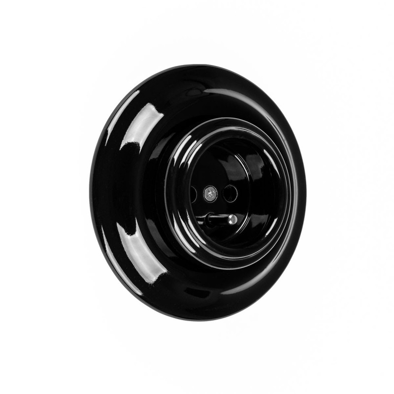 Rustic ceramic flush-mounted socket in retro style with grounding pin - black Kolorowe Kable