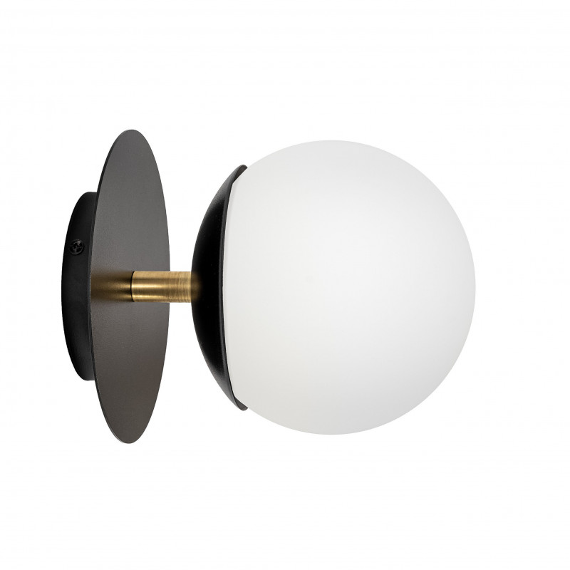 Black wall lamp PLAAT C black sconce with disk, glass shade and brass detail UMMO