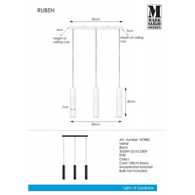 Hanging lamp RUBEN Hanging 3L Black