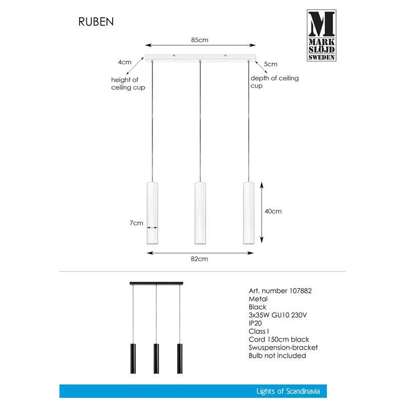 Hanging lamp RUBEN Hanging 3L Black