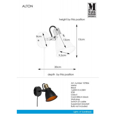 Lampa ALTON Kinkiet 1L czarna MARKSLOJD