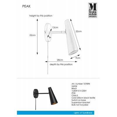 PEAK Wall lamp 1L black MARKSLOJD