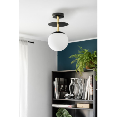 Black ceiling lamp PLAAT B black ceiling with disk, glass shade and brass detail UMMO