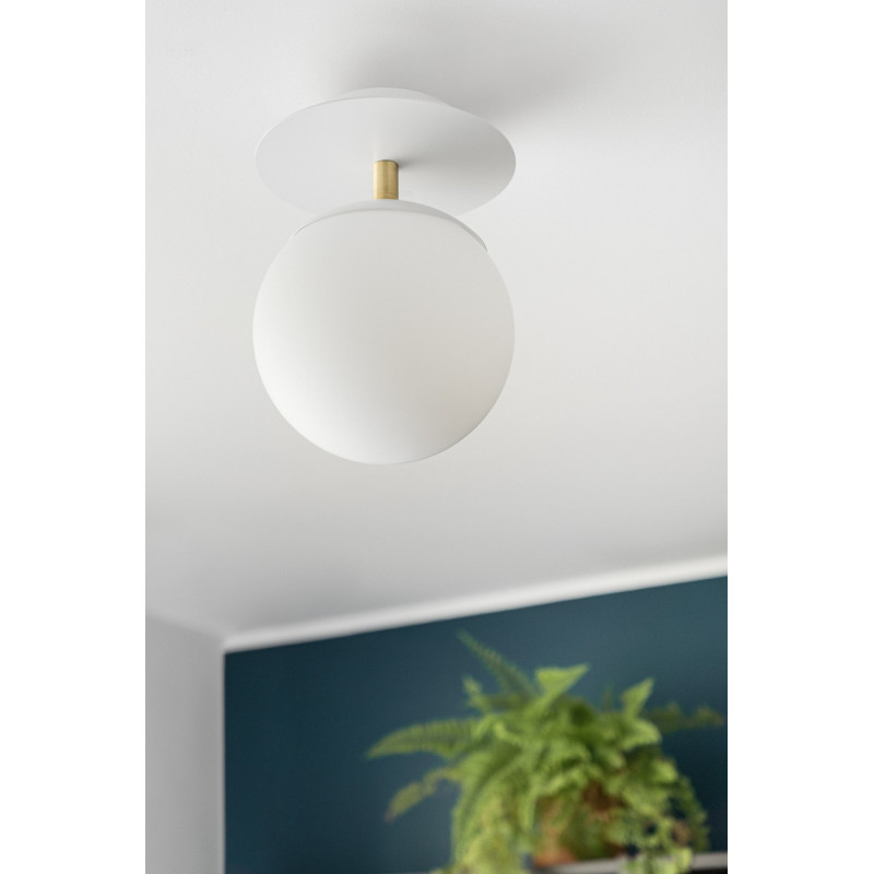 White wall lamp PLAAT C white sconce with disk, glass shade and brass detail UMMO