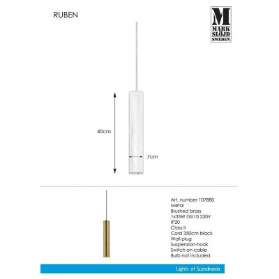 Lampa wisząca RUBEN 1L mosiądz MARKSLOJD
