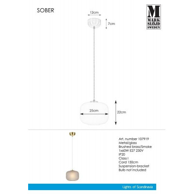Hanging Lamp SOBER 1L Brass / Smoke 107919 MARKSLOJD