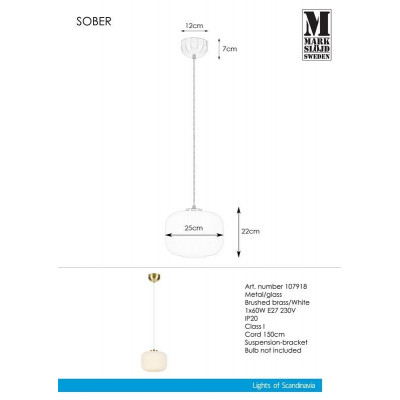 Lampa Wisząca SOBER 1L Mosiądz/Przydymiony 107919 MARKSLOJD