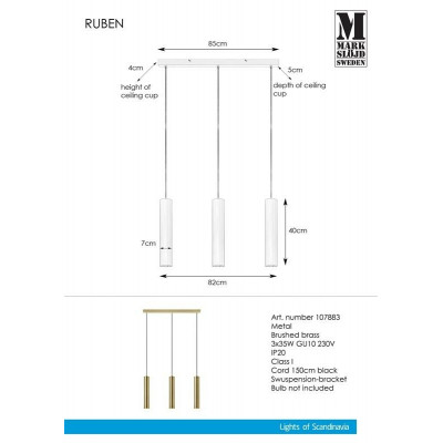Lampa wisząca na listwie RUBEN 3L Mosiądz 107883 MARKSLOJD